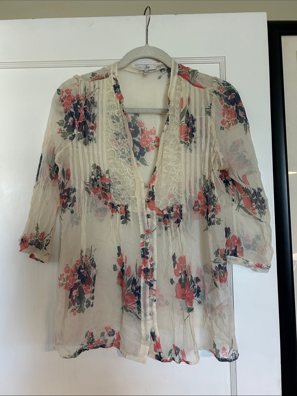 Joie Sheer Floral Lace-Trim Women's Blouse - Cream with Coral & Navy